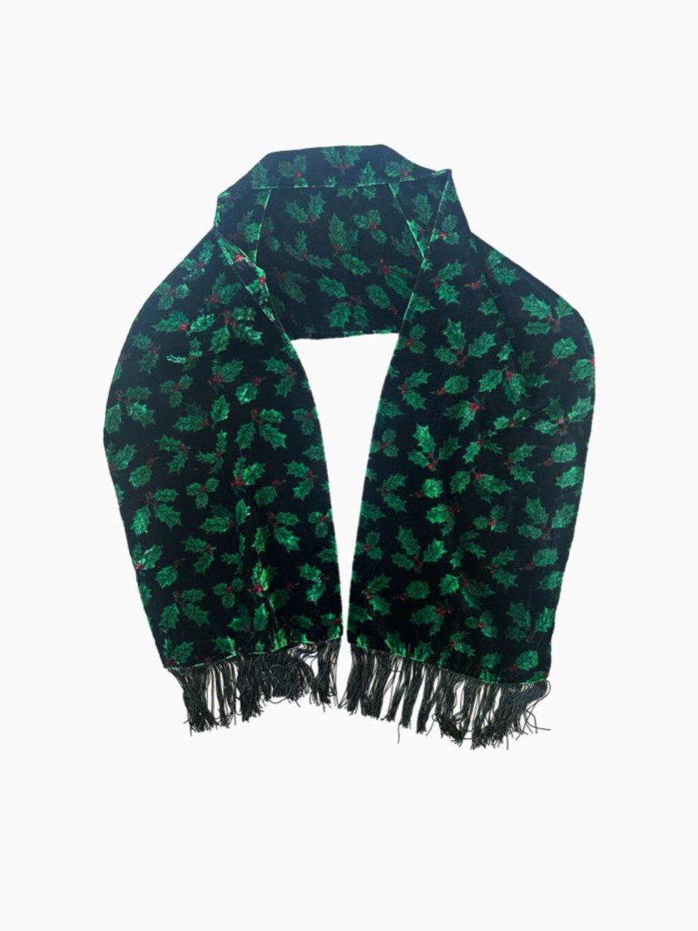 Vtg 90s Black Velvet Holly Scarf Fringe Christmas Berry Holiday Whimsigoth Wrap - Picture 3 of 6
